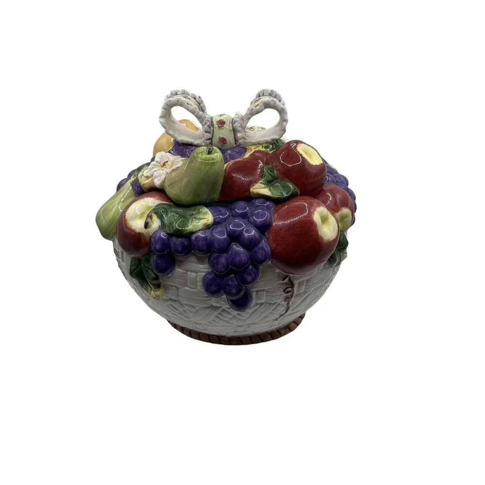Ceramic Fruit Basket Lidded Trinket Dish Candy Bowl Figurine Apples Grapes Pears